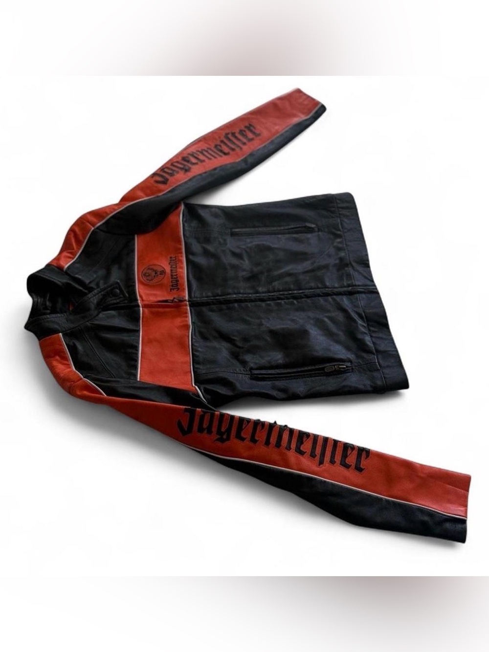 Jagermeister Women’s Black & Orange Leather Racing Biker Jacket Sz M